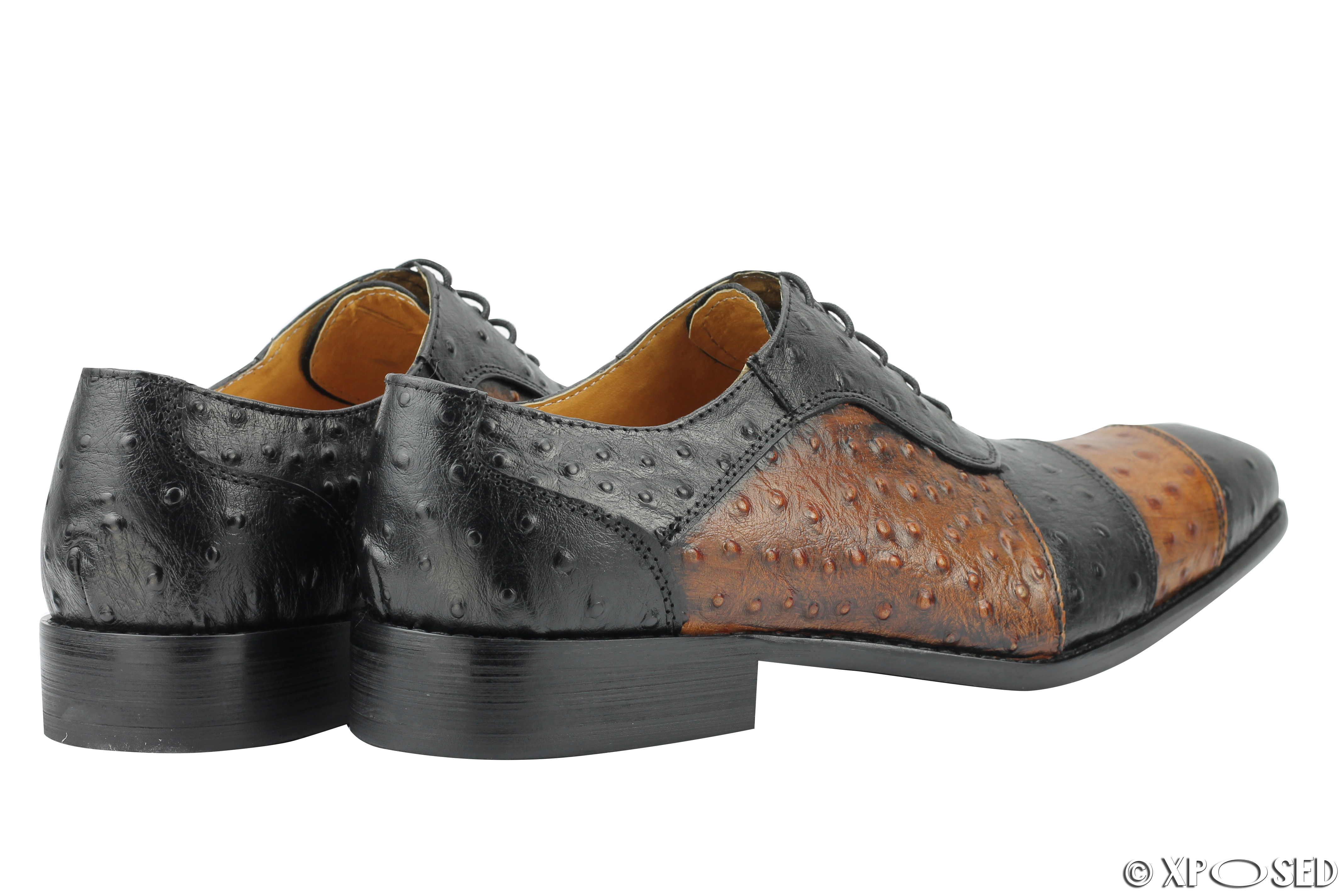 Mens Black Brown 2 Tone Real Leather Ostrich Skin Look Italian Style