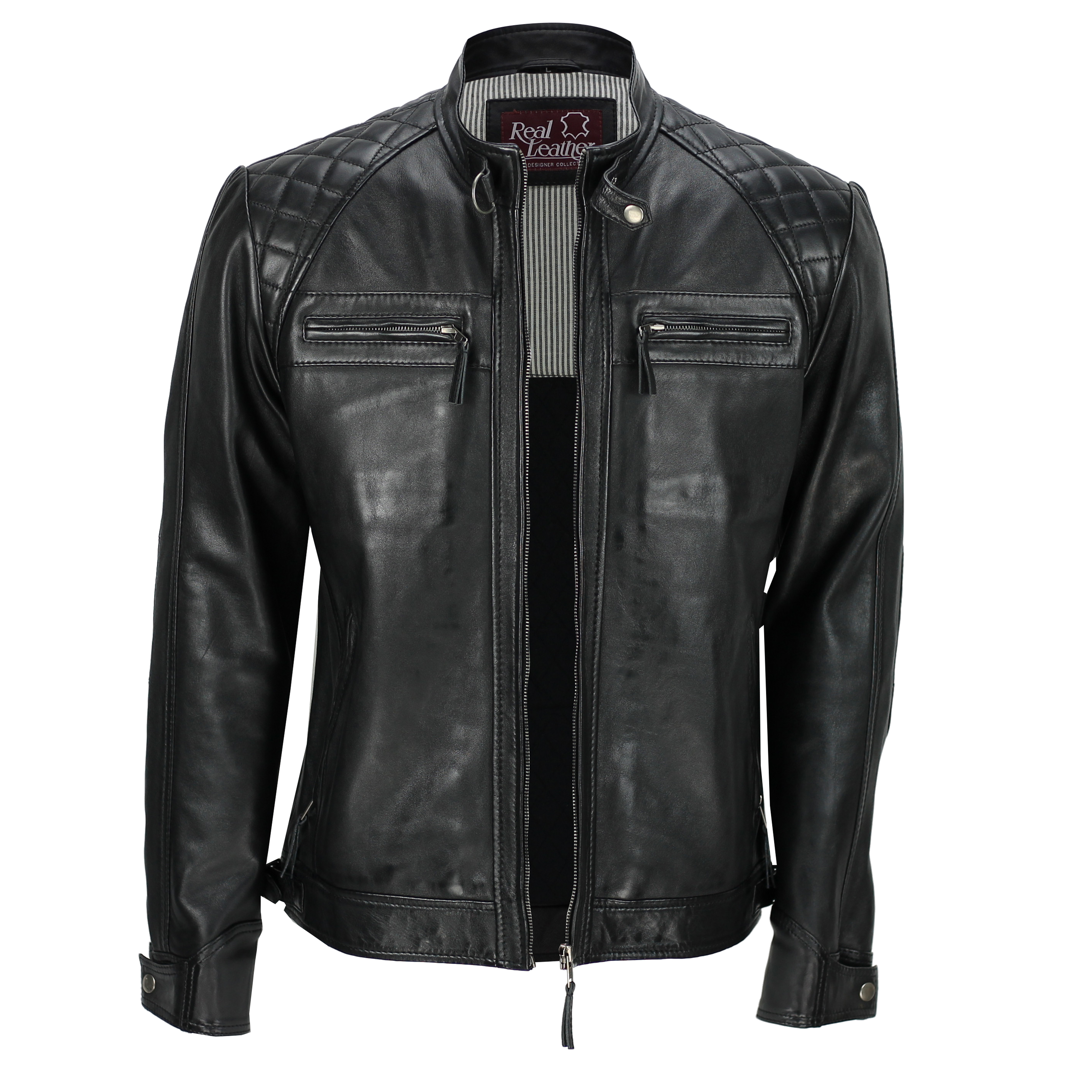 Mens Black Retro Biker Style Jacket Real Leather Washed Vintage look 