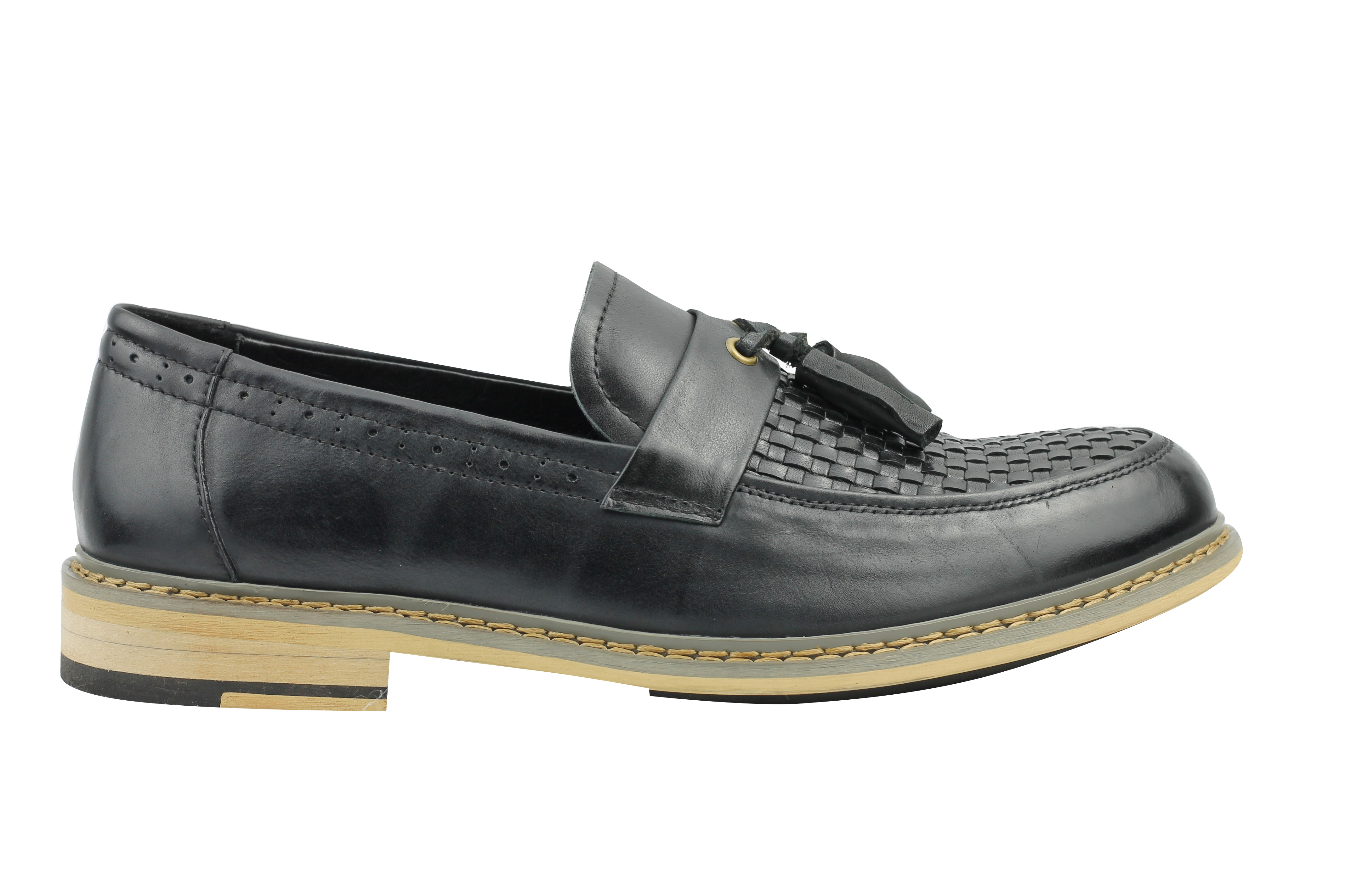 Mens Black Tan Woven Real Leather Tassel Loafers Smart MOD Vintage Driving Shoes | eBay